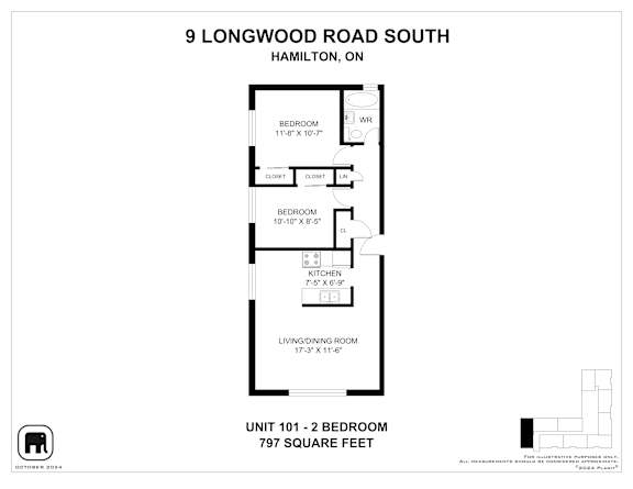 A floor plan for a 2 bedroom apartment at 9 Longwood Road South, Hamilton, Ontario.