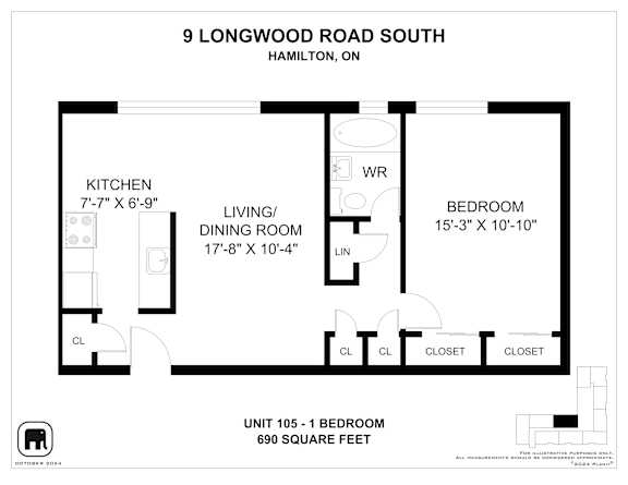 A floor plan for a unit at 9 Longwood Road South in Hamilton, Ontario.