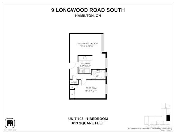 A floor plan for a 1 bedroom apartment at 9 Longwood Road South, Hamilton, ON.