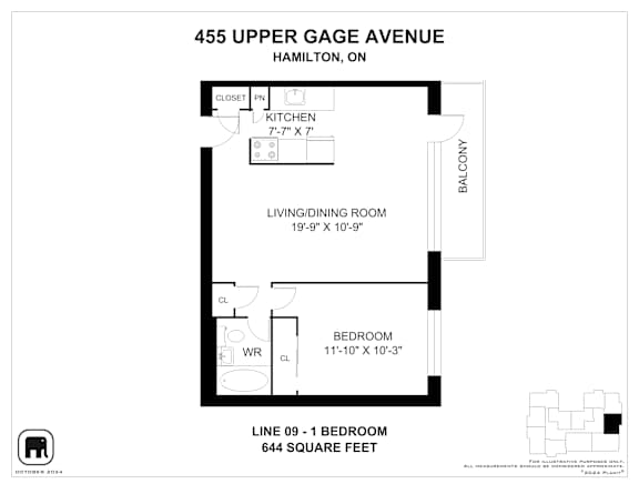 A floor plan for a one bedroom apartment at 455 Upper Gage Avenue in Hamilton, ON.