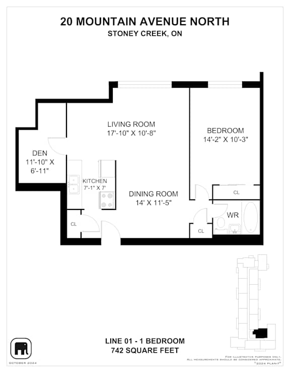 A floor plan for a home at 20 Mountain Avenue North in Stoney Creek, Ontario, shows a living room, two bedrooms, a den, a kitchen, and a dining room.