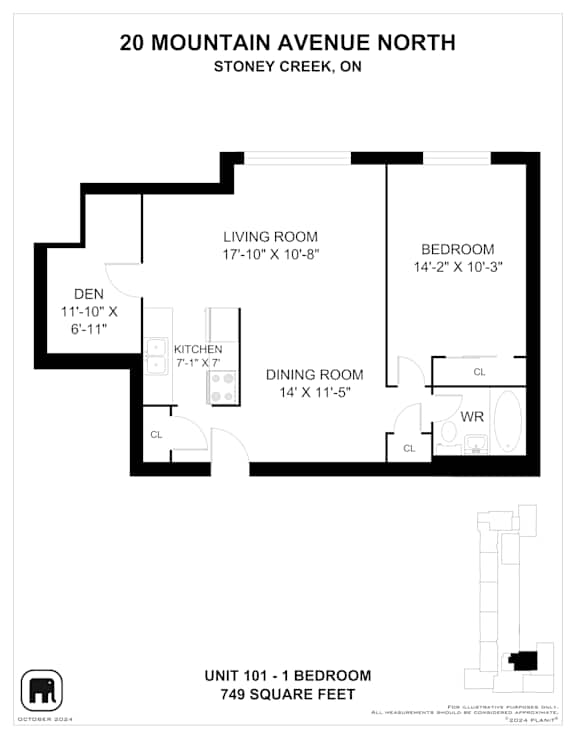 A black and white image of a floor plan for a 1 bedroom apartment.