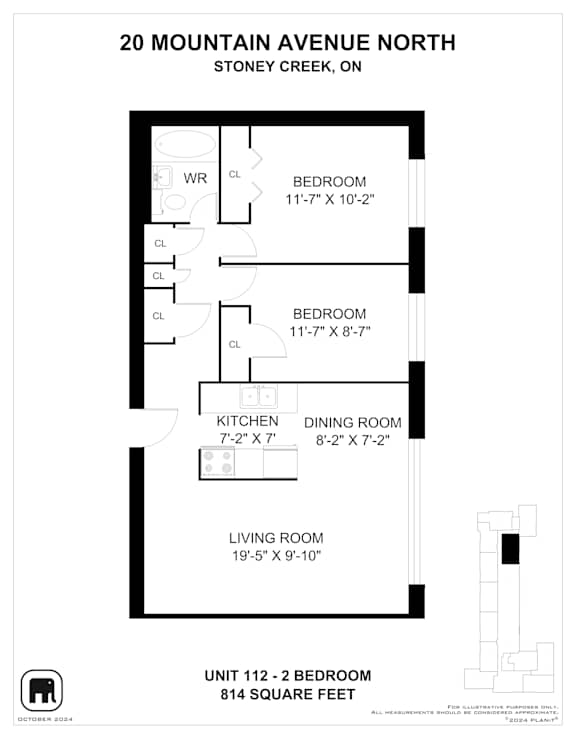 A floor plan for a 2 bedroom apartment at 20 Mountain Avenue North, Stoney Creek, Ontario.