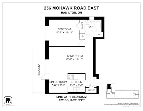 A floor plan for a one bedroom apartment at 256 Mohawk Road East, Hamilton, ON.