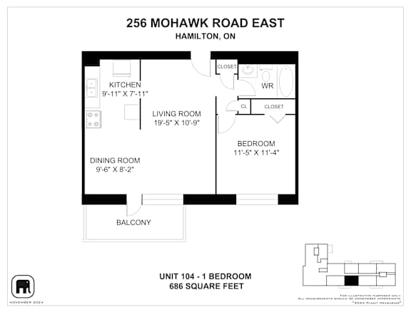 A floor plan for a unit at 256 Mohawk Road East in Hamilton, Ontario, Canada.