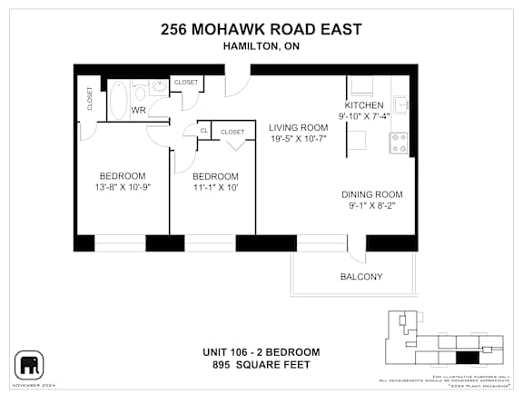 A floor plan for a 2 bedroom apartment at 256 Mohawk Road East, Hamilton, ON.