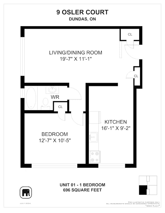 A floor plan for a 9 OSLER COURT unit shows a living/dining room, kitchen, and bedroom.