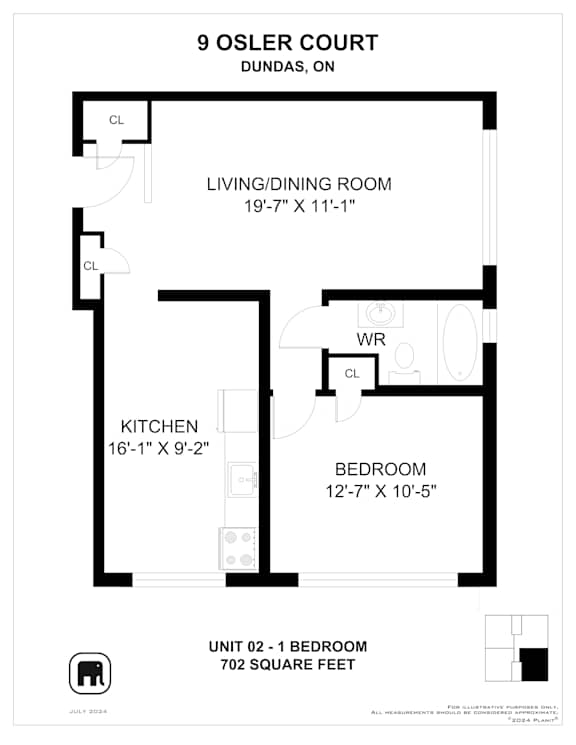 A floor plan for a 9 OSLER COURT unit shows a living/dining room, a kitchen, and a bedroom.