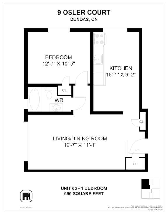 A floor plan for a 9 OSLER COURT unit shows a bedroom, kitchen, and living/dining room.