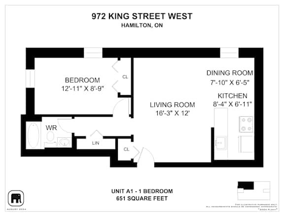 A floor plan for a one bedroom apartment at 972 King Street West in Hamilton, Ontario.