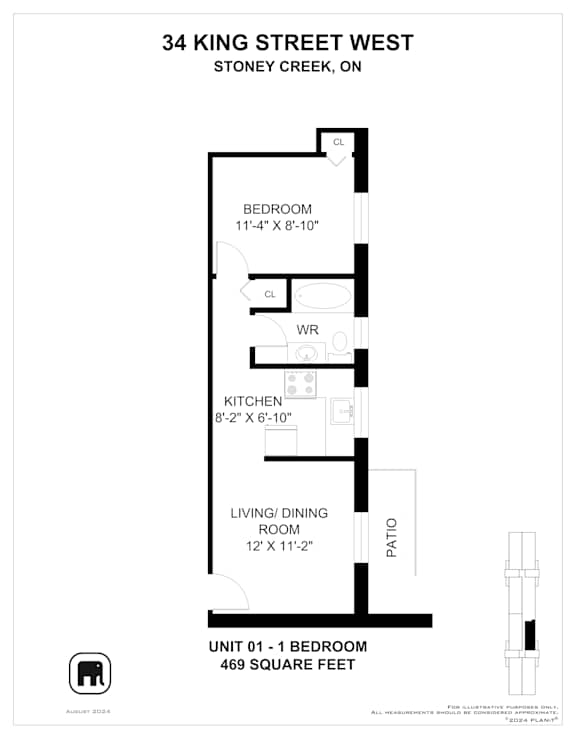 A floor plan for a one bedroom apartment at 34 King Street West.