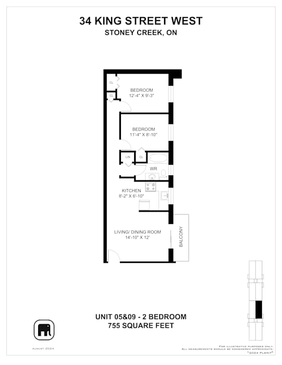 A floor plan for a 2 bedroom apartment at 34 King Street West.