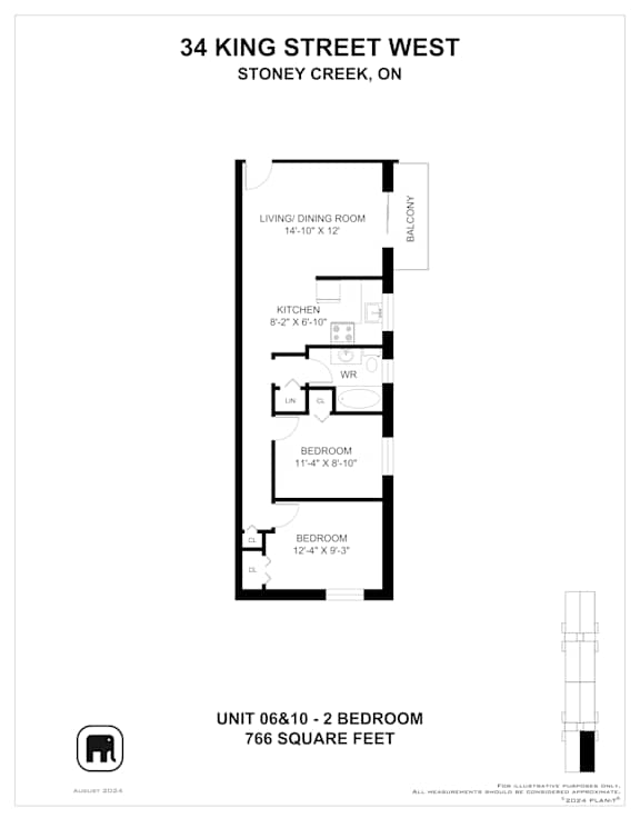 A floor plan for a 2 bedroom apartment at 34 King Street West.