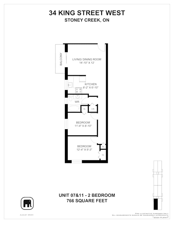 A floor plan for a 2 bedroom apartment at 34 King Street West.