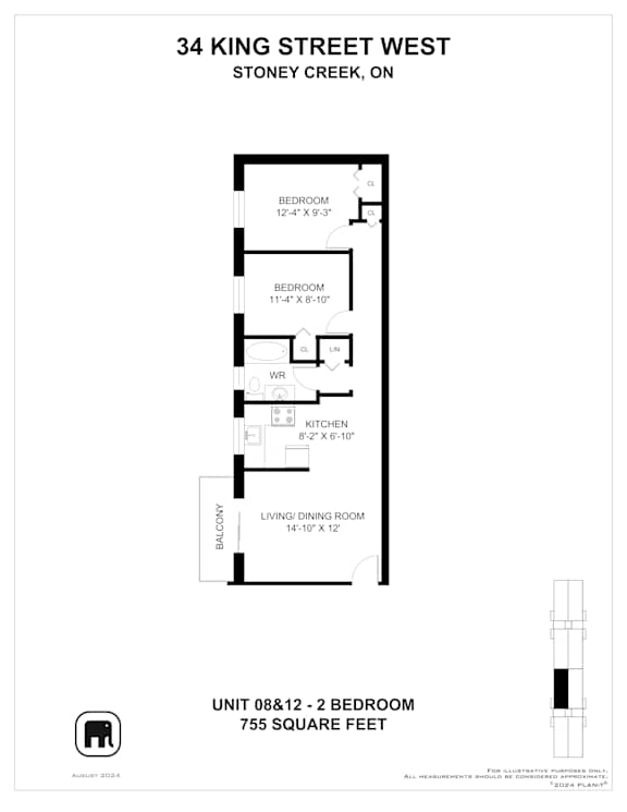 A floor plan for a 2 bedroom apartment at 34 King Street West.