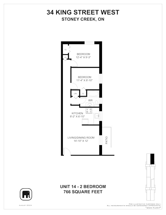 A floor plan for a 2 bedroom apartment at 34 King Street West.