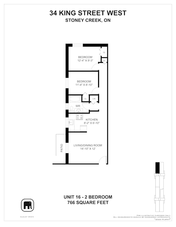 A floor plan for a 2 bedroom apartment at 34 King Street West.