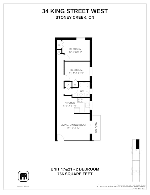 A floor plan for a 2 bedroom apartment at 34 King Street West.