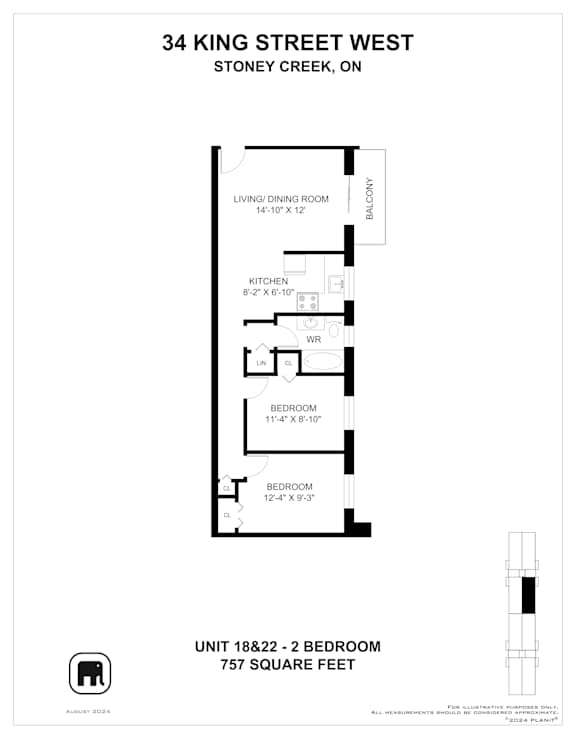 A floor plan for a 2 bedroom apartment at 34 King Street West.