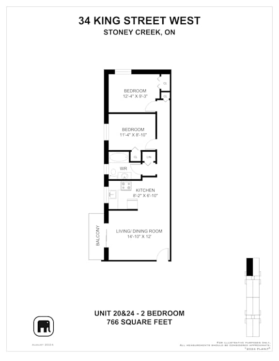 A floor plan for a 2 bedroom apartment at 34 King Street West.
