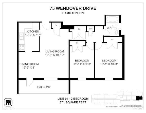 A floor plan for a 2 bedroom apartment at 75 Wendover Drive, Hamilton, ON.