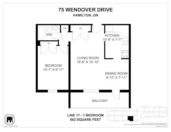 A floor plan for a 75 Wendover Drive apartment in Hamilton, ON.
