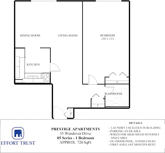 A floor plan for a 55 Wendover Drive apartment shows a living room, dining room, bedroom, kitchen, and washroom.