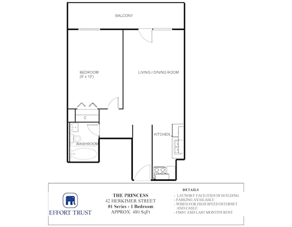 A floor plan of an apartment with a bedroom, living room, kitchen, and bathroom.