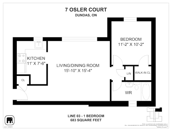 A floor plan of a 700 square foot studio apartment in Dundas, Ontario.