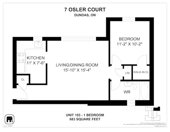 A floor plan for a 7 Osler Court unit shows a living room, kitchen, and bedroom.