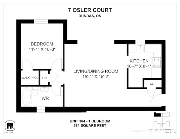 A floor plan for a 7 Osler Court unit shows a bedroom, living/dining room, and kitchen.