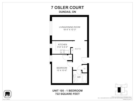 A floor plan for a 707 square foot apartment with a living room, kitchen, and bedroom.