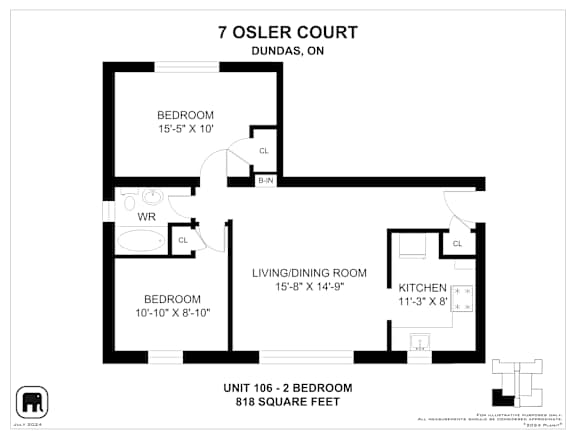 A floor plan for a 7 OSLER COURT unit with a bedroom, living/dining room, and kitchen.