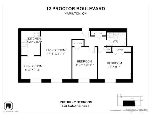 A floor plan for a 2 bedroom apartment at 12 Proctor Boulevard, Hamilton, ON.
