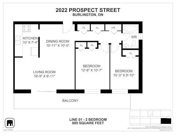 A floor plan for a Burlington home with a living room, dining room, kitchen, and two bedrooms.