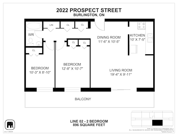 A floor plan for a Burlington home with a living room, two bedrooms, a dining room, and a kitchen.
