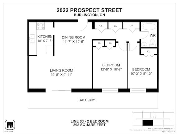 A floor plan for a Burlington home with a kitchen, two bedrooms, a living room, and a dining room.