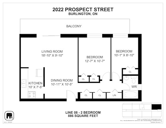 A black and white image of a floor plan for a two bedroom apartment.