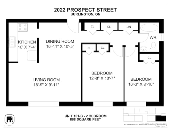 A floor plan for a 2 bedroom apartment at 2022 Prospect Street, Burlington, ON.