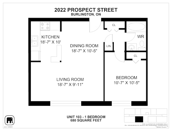 A floor plan for a 680 square foot unit at 2022 Prospect Street in Burlington, ON.