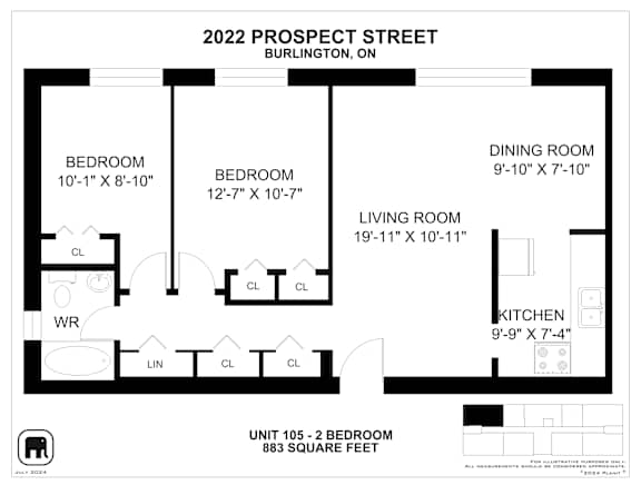 A black and white image of a floor plan for a 2 bedroom, 2 bathroom apartment.