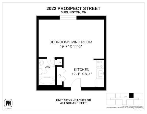 A floor plan for a 2022 Prospect Street Burlington, on unit 107-B, showing a bedroom, living room, kitchen, and laundry room.