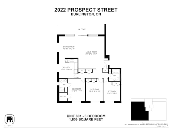 A floor plan for a 1,609 square foot unit at 2022 Prospect Street in Burlington, ON.