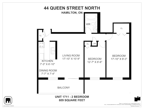 A black and white image of a floor plan for a 2 bedroom apartment.