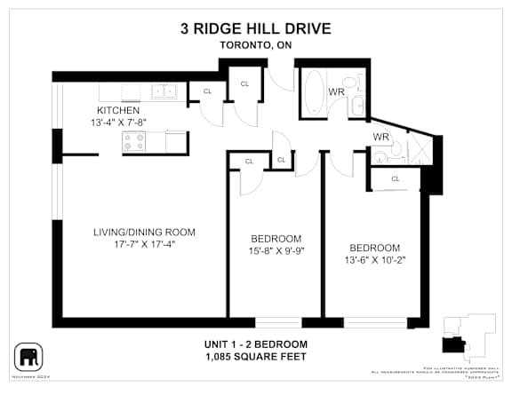 A black and white image of a floor plan for a 1,085 square foot apartment.