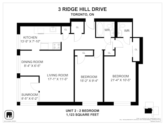 A black and white image of a floor plan for a 2 bedroom unit at 3 Ridge Hill Drive, Toronto, ON.