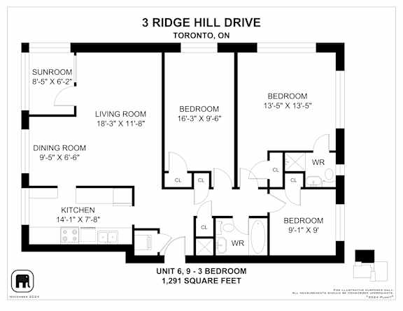 A floor plan for a 3 Ridge Hill Drive apartment in Toronto, ON.