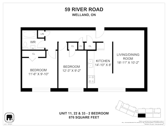 A floor plan for a unit at 59 River Road in Welland, Ontario, showing three bedrooms and a living/dining room.