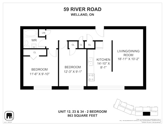 A floor plan for a 2 bedroom apartment at 59 River Road, Welland, Ontario.