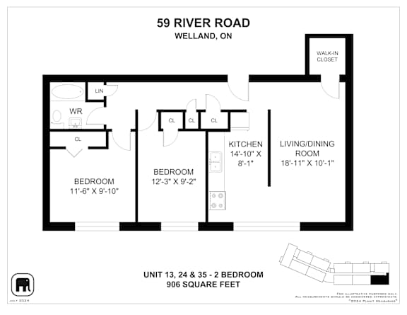 A floor plan for a unit at 59 River Road in Welland, Ontario, Canada.